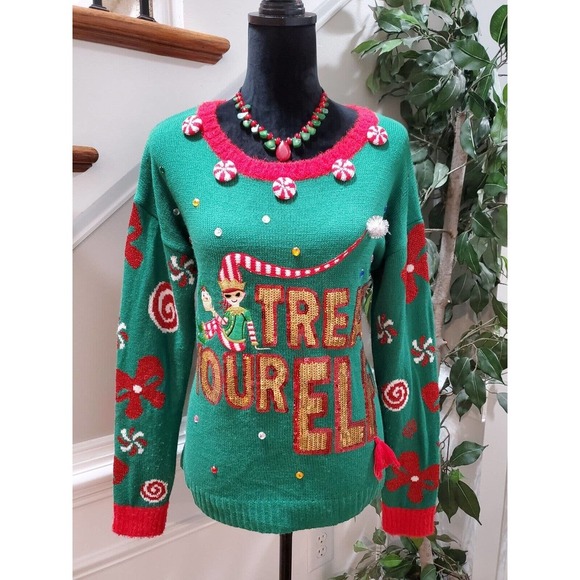 Holiday Times Christmas Green Acrylic Round Neck Long Sleeve Knit Sweater Size M - Picture 11 of 11